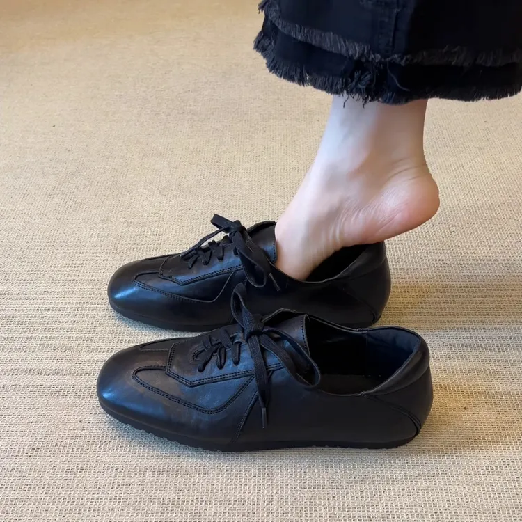 羊皮版~2025新款复古风方头系带德训鞋女款平底休闲运动鞋阿甘鞋