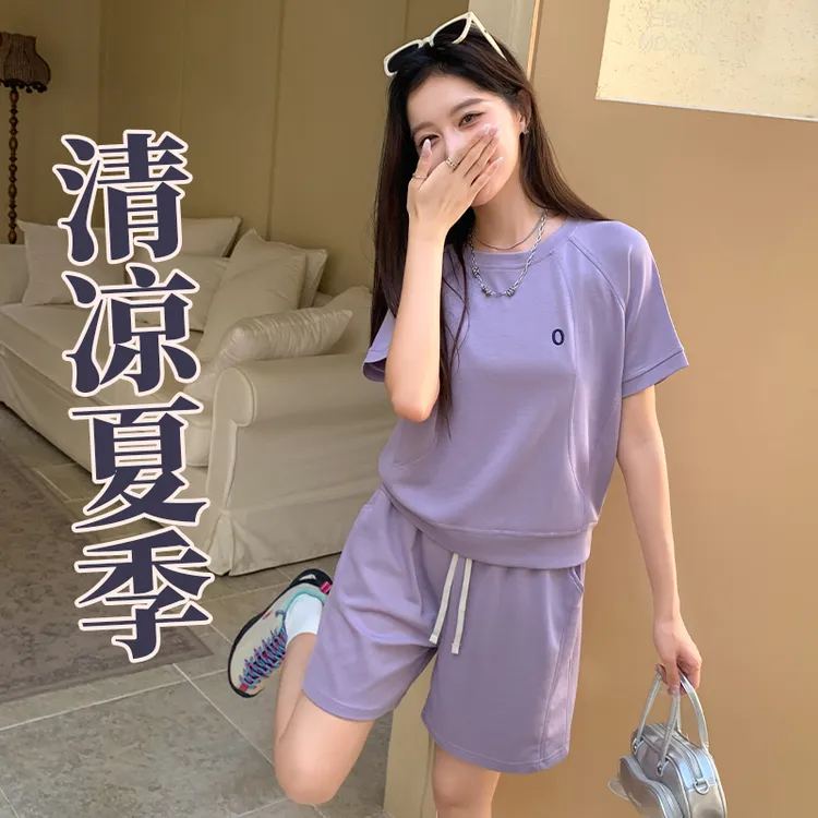 蕊柏斯夏季新款刺绣女套装时尚休闲百搭减龄运动短袖+短裤