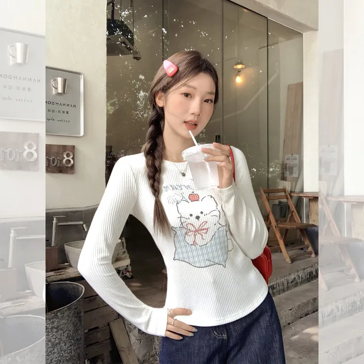 巨好看甜美可爱猫咪印花圆领长袖T恤女2025秋设计感显瘦上衣