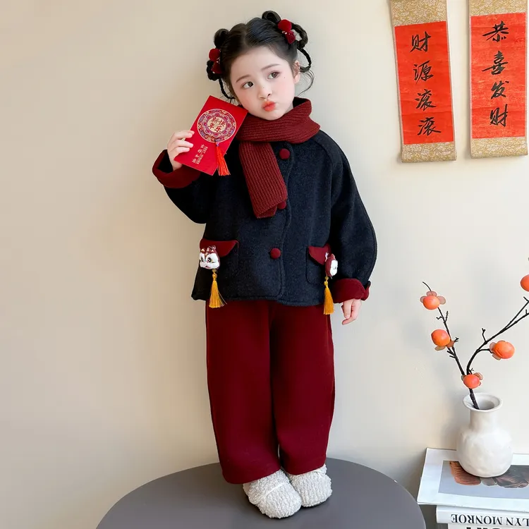 冬款儿童女宝宝中国风套装女童加绒加厚中式三件套男童年服