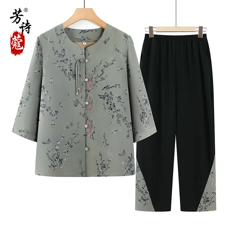 奶奶夏季中袖套装老太太夏装薄款两件套唐装女妈妈装女装衣服