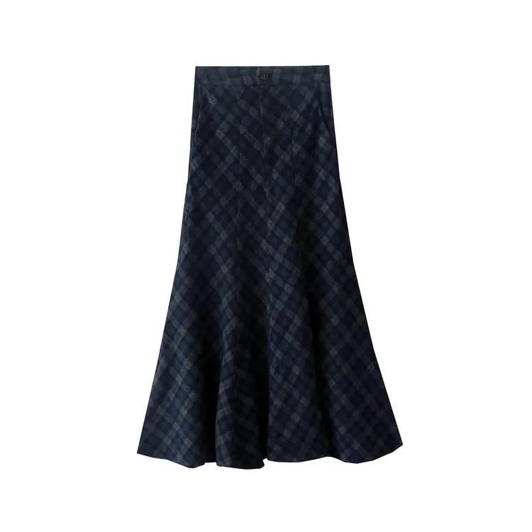 2025年秋冬新款复古高腰格子磨毛加厚毛呢半身裙格纹鱼尾裙长裙女