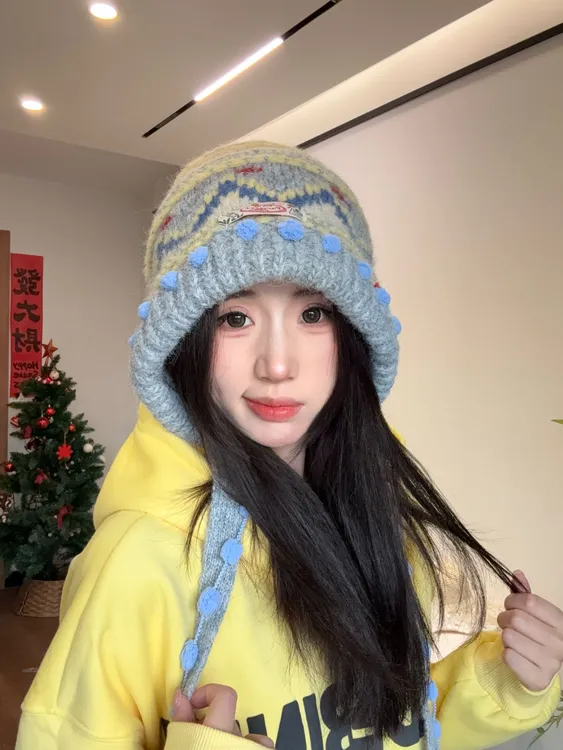 费尔岛复古针织包头帽加厚保暖护耳帽子巴拉克拉法帽女秋冬显脸小