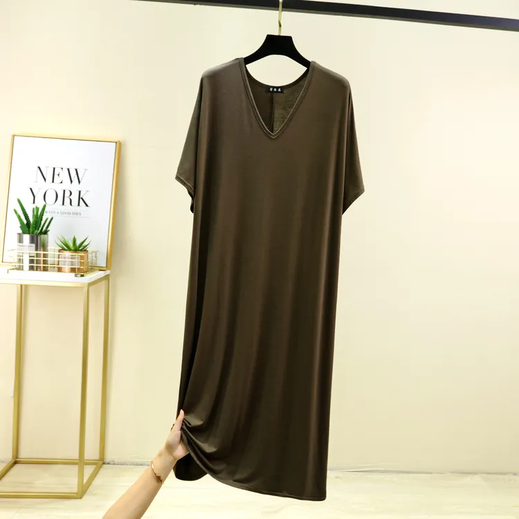 莫代尔薄款连衣裙休闲女装夏季宽松显瘦V领短袖T恤裙纯色大码长裙