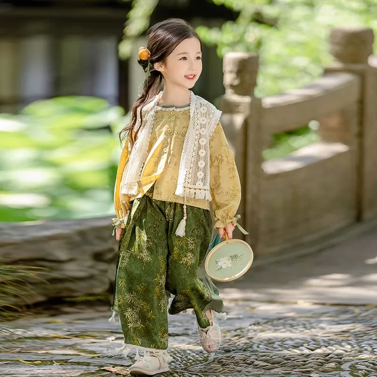 新中式女童中国风汉服套装春秋款小女孩民族古风三件套儿童装秋装