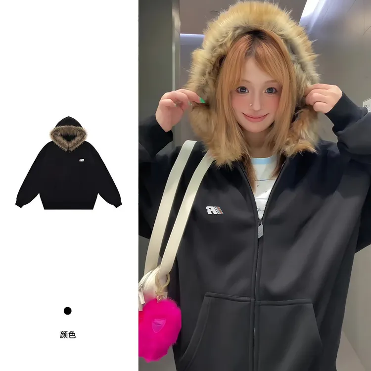 春秋新款保暖加绒毛领棉服外套女复古休闲拉链开衫连帽卫衣#WY385