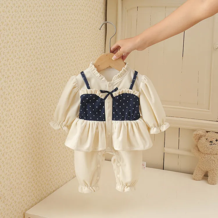 现货公主洋气韩式小香风波点假两件哈衣婴儿春秋衣服女宝宝连体衣