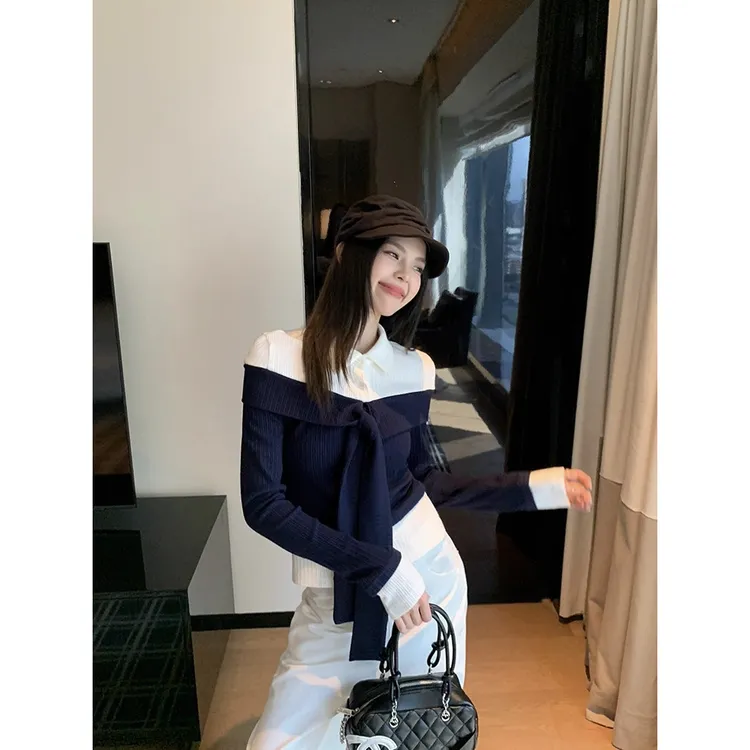 气质百搭polo领长袖内搭t恤女打底衫秋冬韩系设计修身假两件上衣