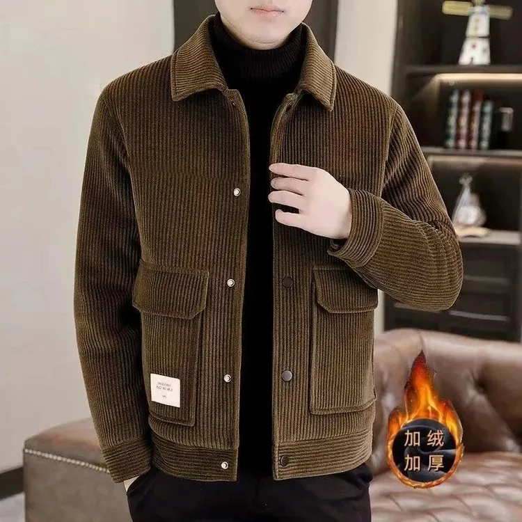 九牧王【断码撤柜】秋新款休闲男士加绒加厚翻领保暖灯芯绒夹克衫青