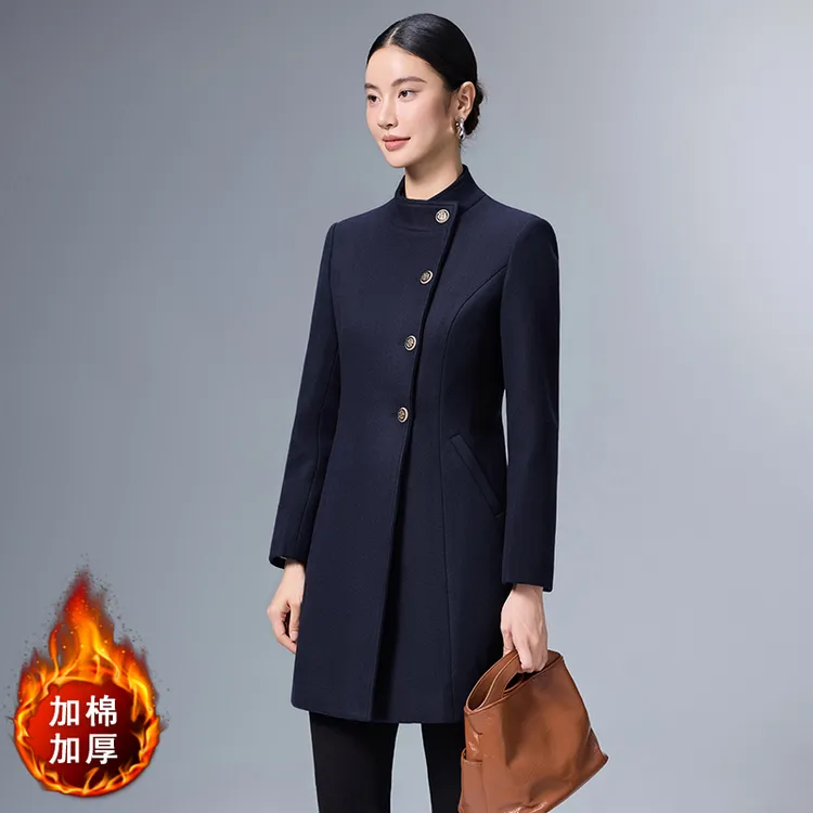 藏蓝色高端立领呢子大衣冬中长款珠宝店工作服售楼部银行毛呢外套