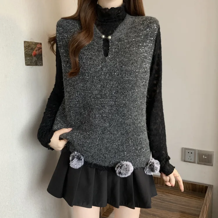 高级灰亮片反光针织马甲背心女2026春秋新款宽松显瘦内搭外穿马夹