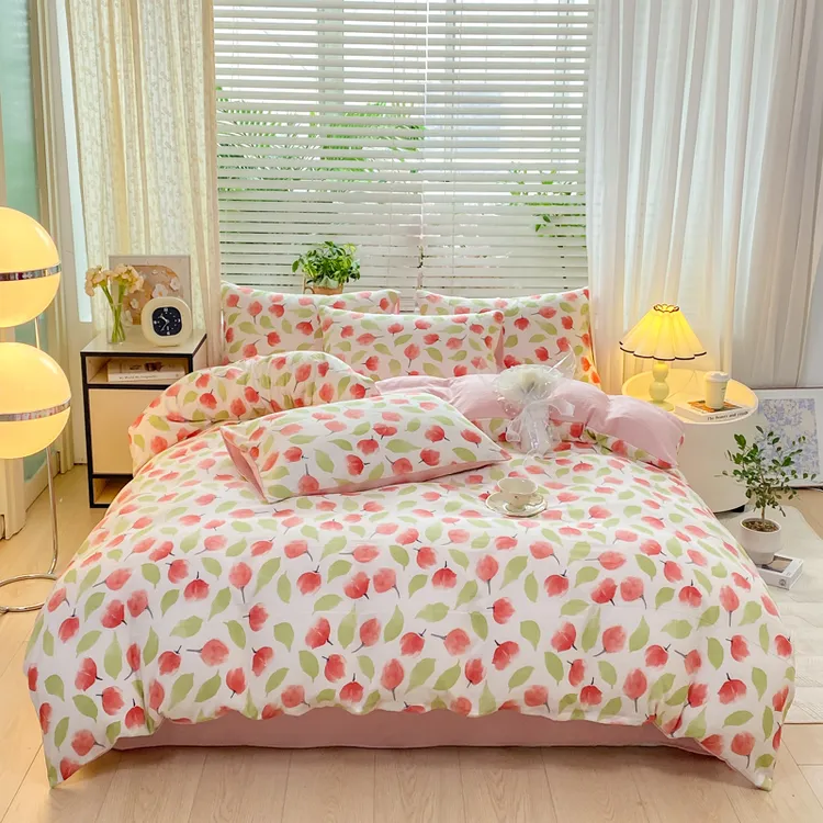 A类水洗仿棉麻双层纱床上用品印花三四件套小清新碎花单人