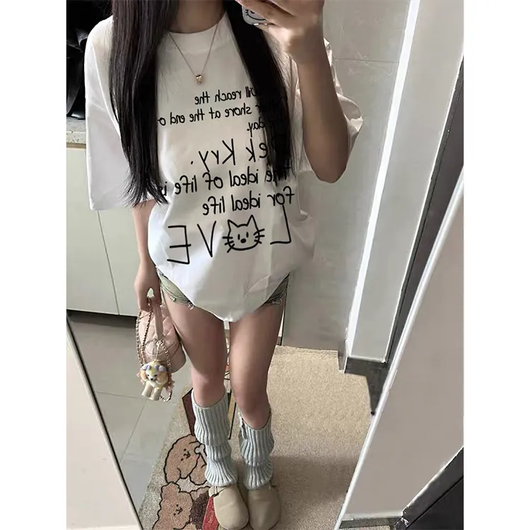 jtrt夏季2025新款卡通趣味小猫短袖t恤男女美式复古chic港味上衣