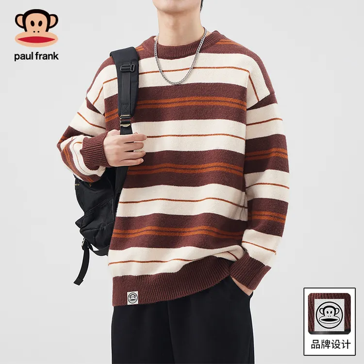 paul frank/大嘴猴重磅条纹圆领毛衣男潮牌宽松休闲复古百搭上衣