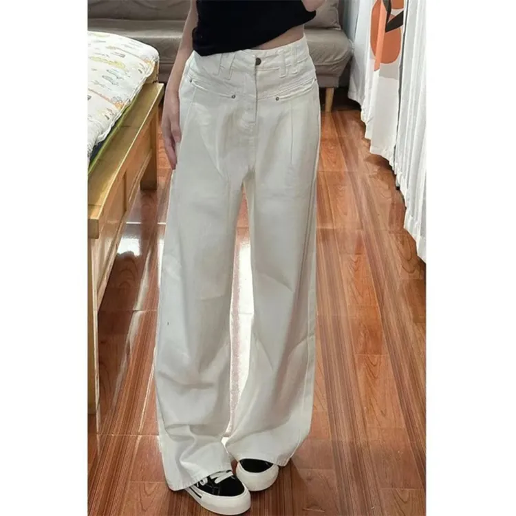 米白色牛仔裤女2025春秋新款小个子高腰褶皱宽松显瘦直筒拖地裤潮