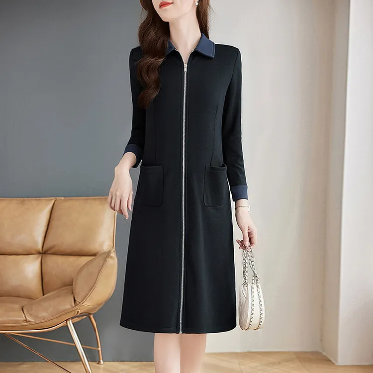 秋季新款休闲卫衣连衣裙女2025秋装中长款气质裙子翻领长袖连衣裙