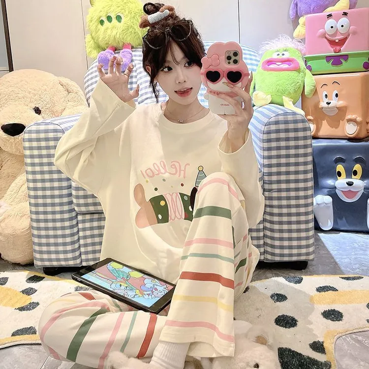 睡衣女春秋季可爱卡通圆领长袖长裤宽松舒适少女家居服套装可外