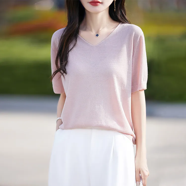 杭州亮丝设计桑蚕丝t恤女装夏季新款v领套头宽松洋气百搭针织上衣