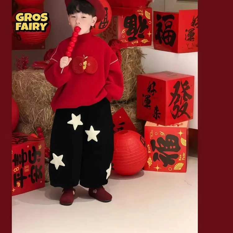 grosfairy男童新年保暖加绒套装韩版一体绒卫衣儿童拜年服童装