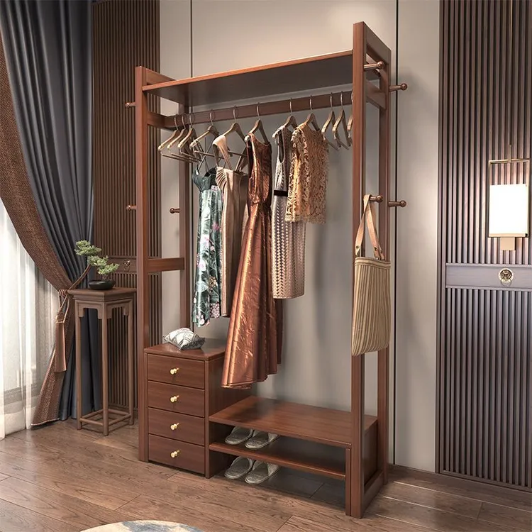 实木挂衣架落地卧室鞋架一体客厅衣帽架带抽屉多功能新中式置物架