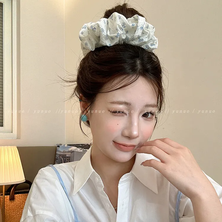 清新蓝色小花大肠发圈女超大高级感丸子头绳韩系黑白格子大肠发圈