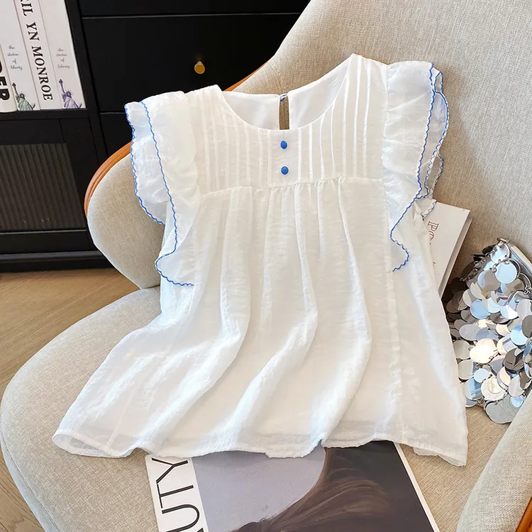 夏季2025新款轻奢风高端货法式甜美撞色皱褶圆领小飞袖宽松衬衫女