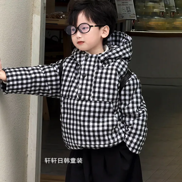 童装男童2025年秋冬加棉格子棉服韩版宽松格子加绒运动风套头棉衣
