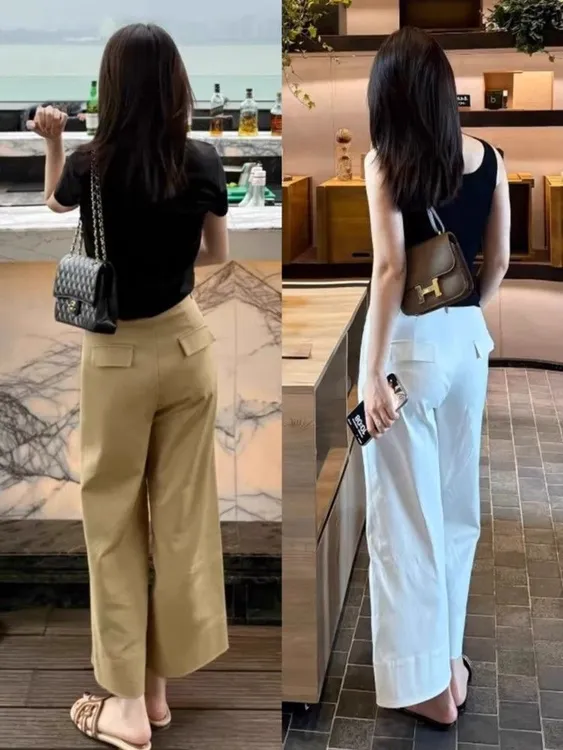 卡其色高腰直筒阔腿休闲裤女夏季春秋宽松显瘦梨形身材九分工装裤