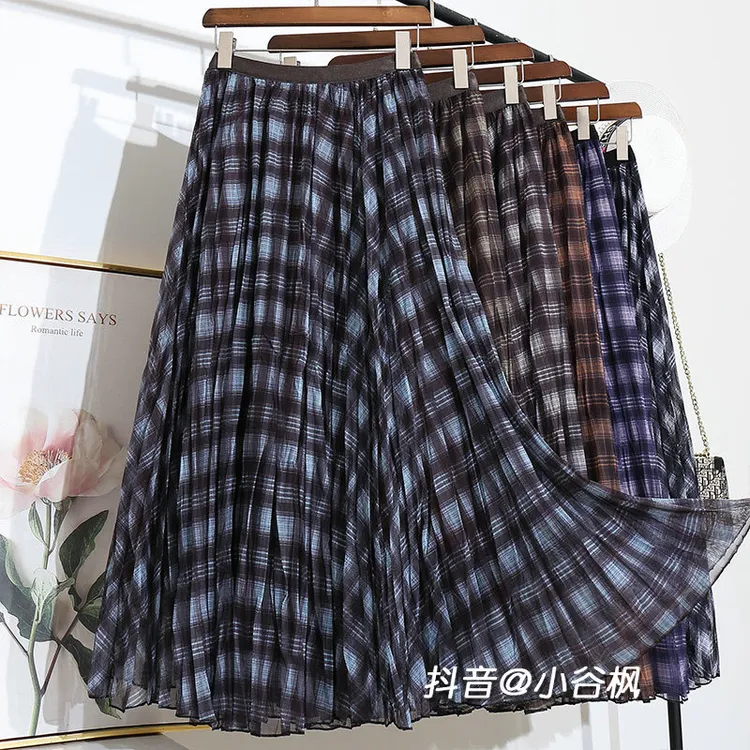 早秋复古格子网纱半身裙女2025年秋季新款高腰显瘦大摆中长款裙子