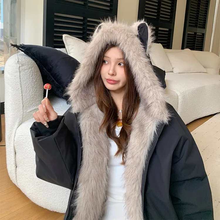 毛茸茸耳朵连帽棉服外套女保暖美式街头2025冬季高级感派克服外套