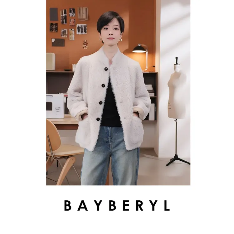 BAYBERYL老贝雪顶*拉贡微卷立领百搭单排扣一体皮衣PY5F1322-6/14