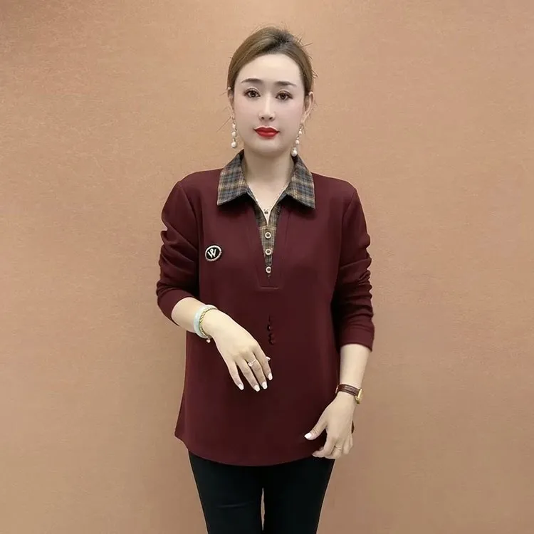 秋季新款时尚妈妈装方领时尚大码洋气印花遮肚显瘦长袖假两件小衫