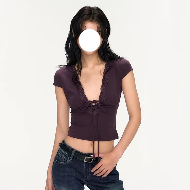 夏季2025新款辣妹性感V领系带蕾丝修身显瘦花边拼接短袖T恤上衣女