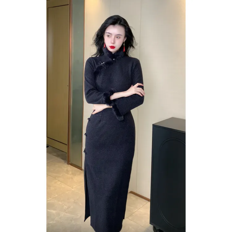 【山有扶苏】玉簪记冬季新款旗袍加厚气质优雅国风显瘦旗袍长123cm