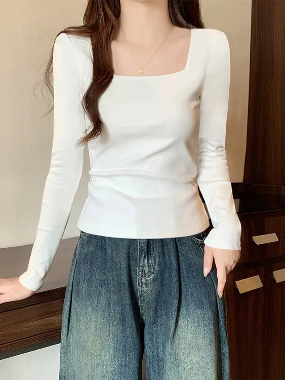 纯棉春秋新款方领长袖T恤打底衫女内搭修身百搭正肩上衣