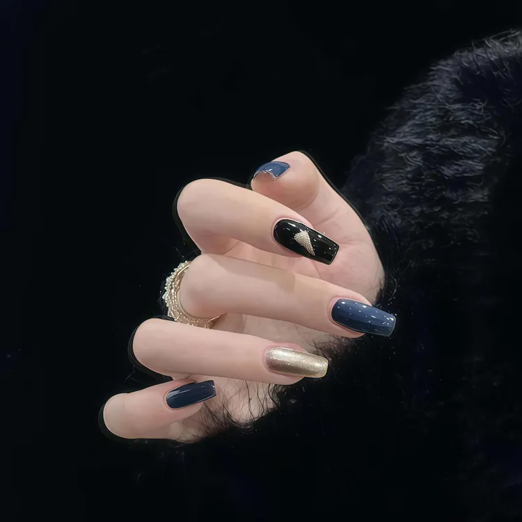 夏季新款高级感牛仔蓝纯手工中长款显白爆闪金跳黑金可拆卸穿戴甲