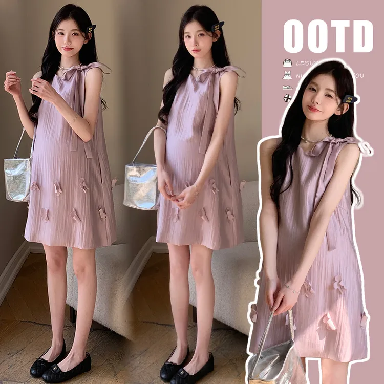 时尚孕妇2025夏装新品韩版时尚宽松背心系带蝴蝶结法式连衣裙