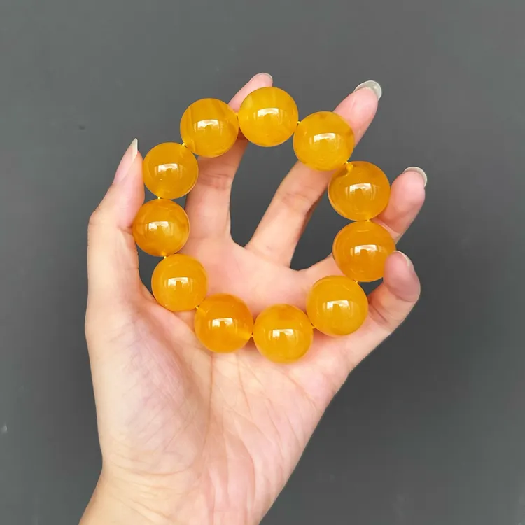 蜜蜡焦皮料鸡油红芬达色20mm多圆珠手串收藏级