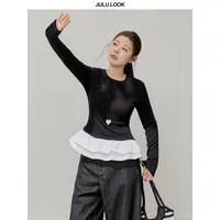 巨鹿工作室“天使之吻”微胖mm芭蕾风设计感假两件长袖T大码上衣