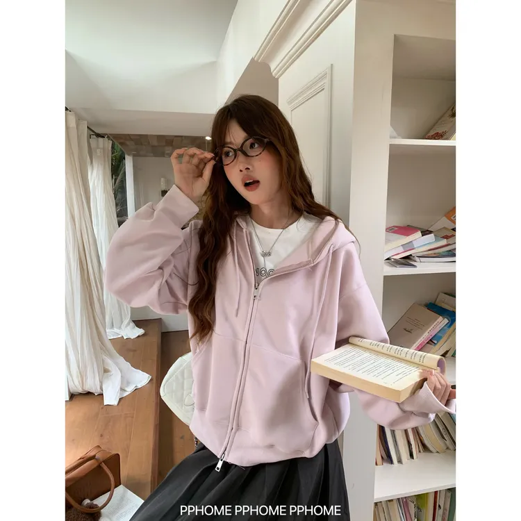 慵懒好版型 连帽大版卫衣外套女拉链宽松显瘦长袖上衣