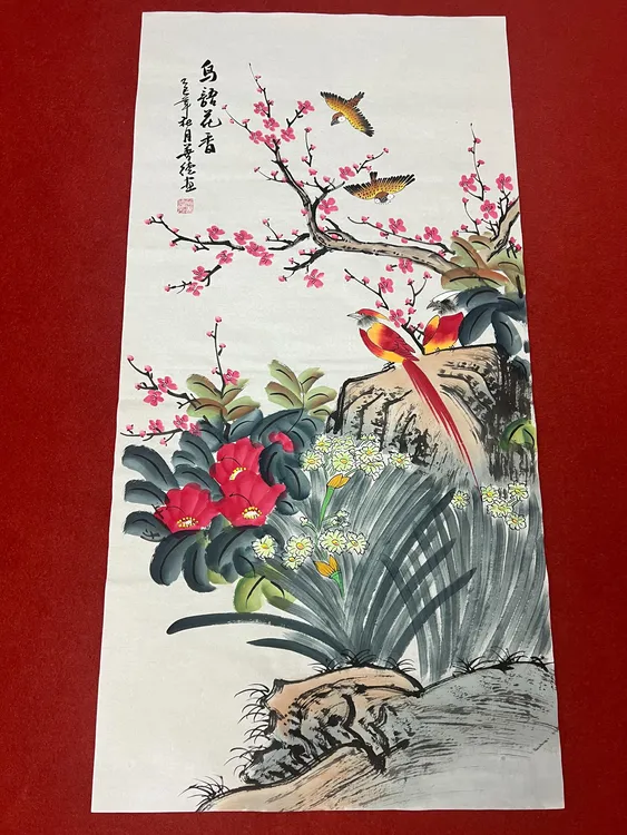325三尺50x100cm鸟语花香双燕火鸟玄关书房客厅办公室手工装饰画