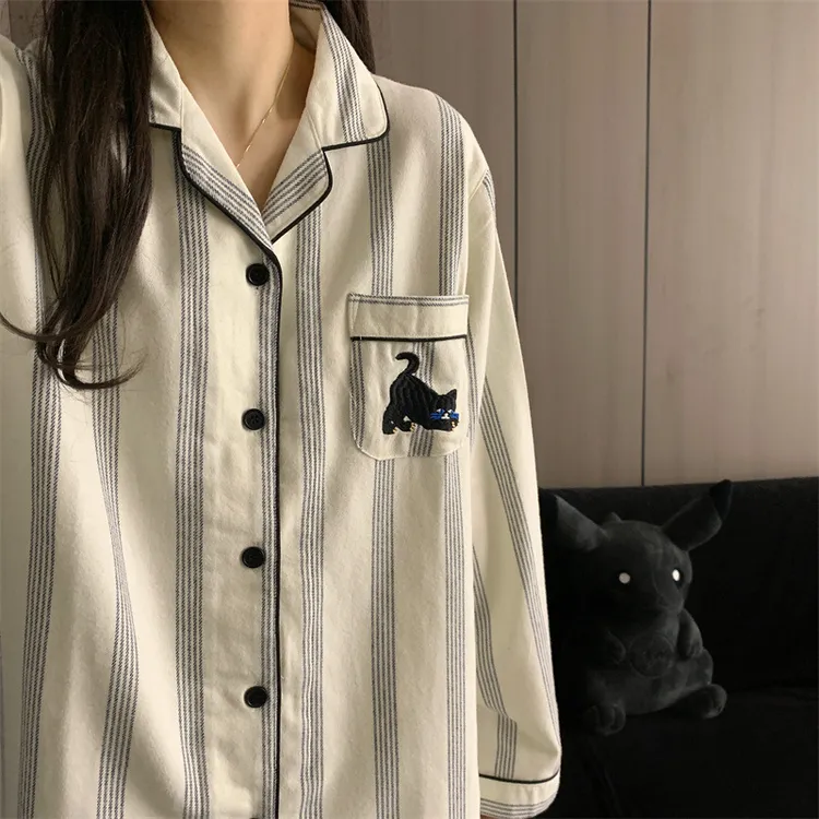 条纹黑猫云朵棉睡衣秋冬季女生爆款2025新款家居服大套装长袖长裤