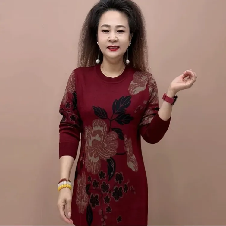 秋季时尚圆领中长款针织毛衣显瘦百搭适合中年妈妈