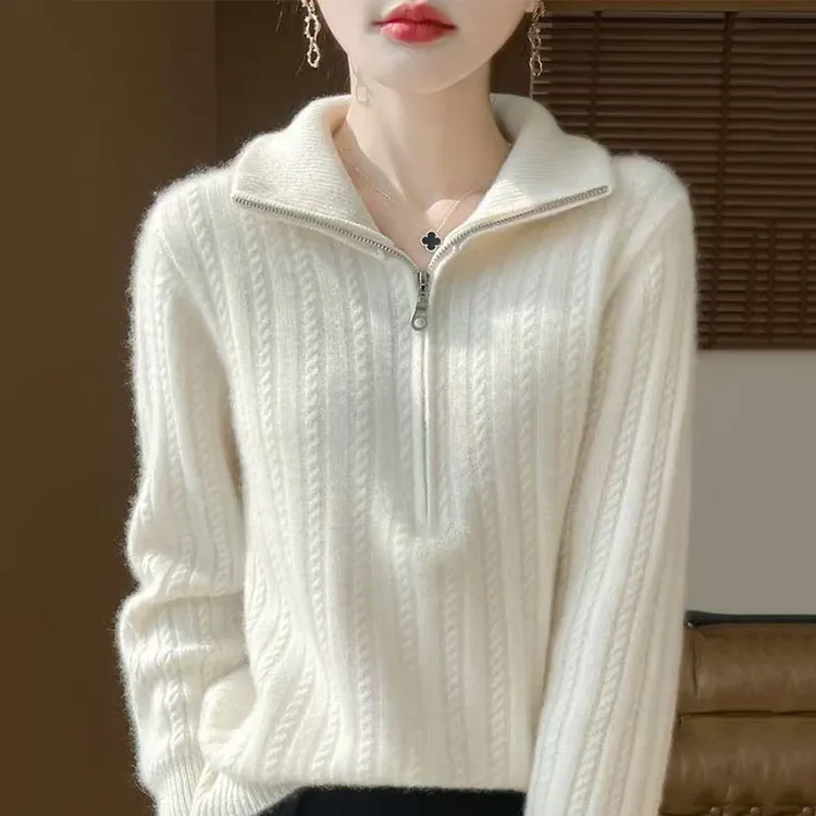 品牌女装打底新款纯色时尚半拉链半高领女士针织衫减龄百搭毛衣