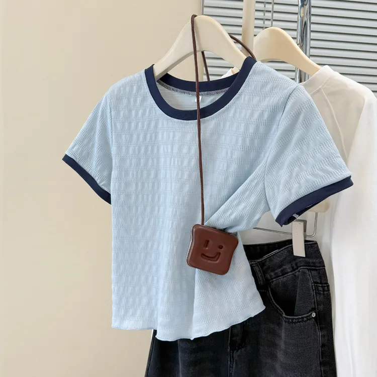 蓝色正肩短袖T恤女夏季2025春秋新款木耳边显瘦圆领体恤短款上衣