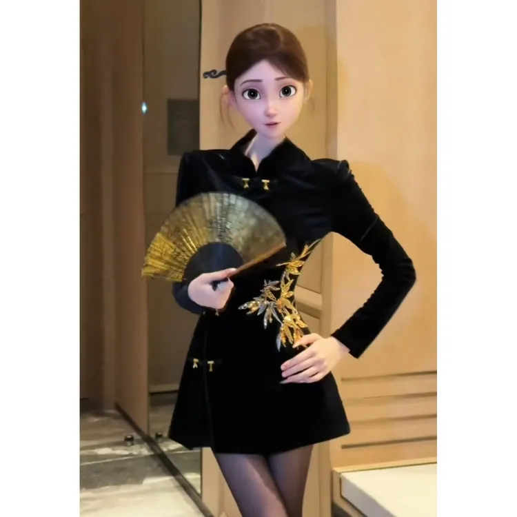 新中式国风气质盘扣立领新款秋冬显瘦丝绒旗袍裙毛呢打底短裤套装