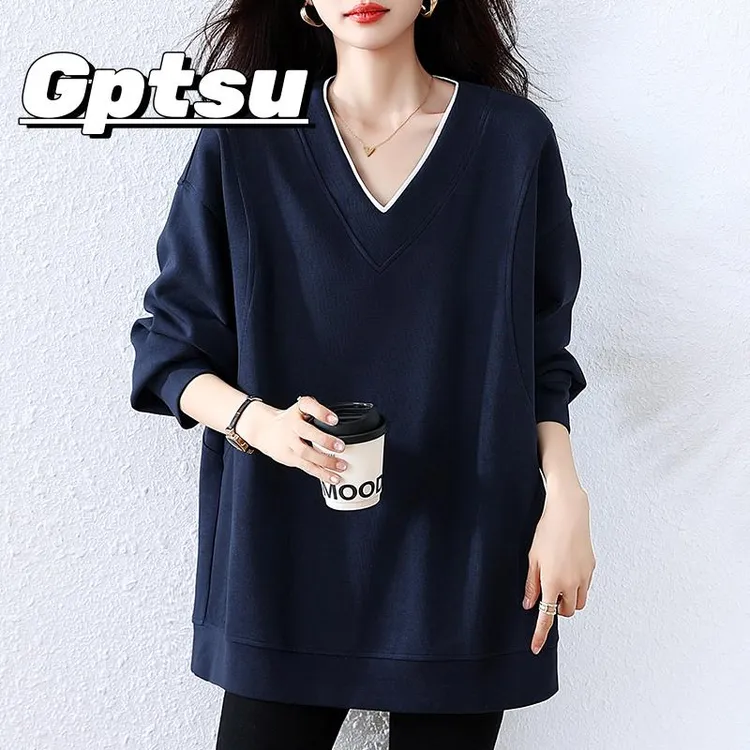 GPTSu2025秋季宽松休闲藏蓝V领卫衣女韩版洋气上衣后背字母百搭