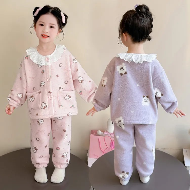 女童睡衣秋冬季法兰绒加厚珊瑚绒2025新款儿童家居服套装宝宝女孩
