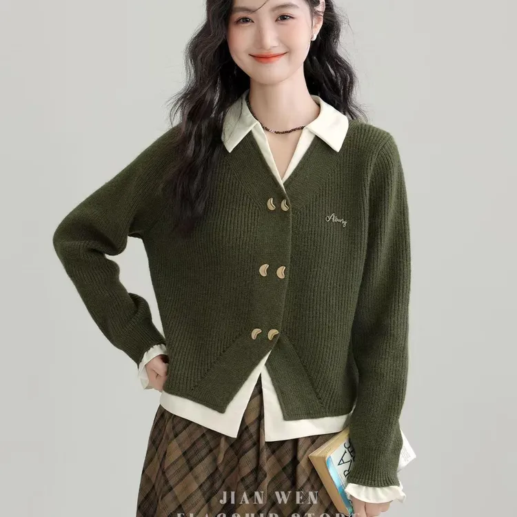 2025春秋新款polo领假两件长袖时尚针织衫女宽松开衫气质毛衣外套