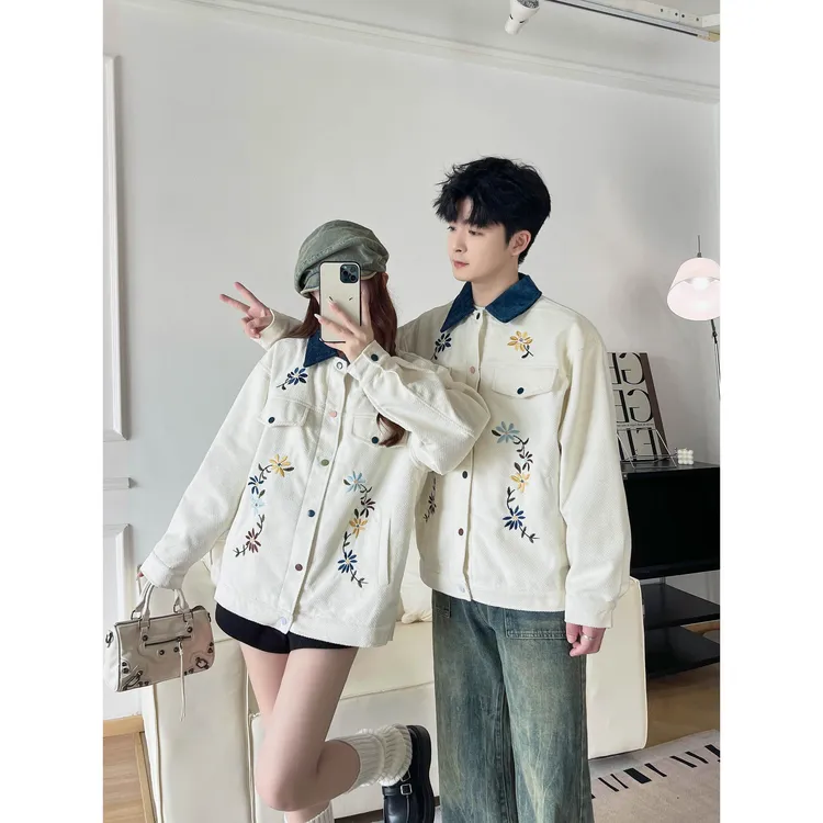 法式情侣装春秋季白色花卉刺绣外套小众设计感2025新款高级感夹克